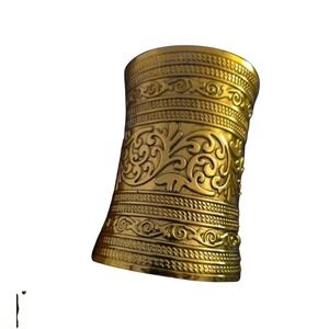 Gold Tone Wide Cuff Bracelet Ornate Engraved Pattern Statement Bangle